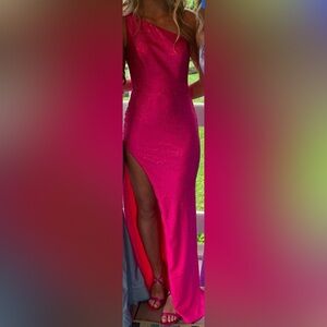 Jovani hot pink iridescent one shoulder sequined prom dress with side slit; 2